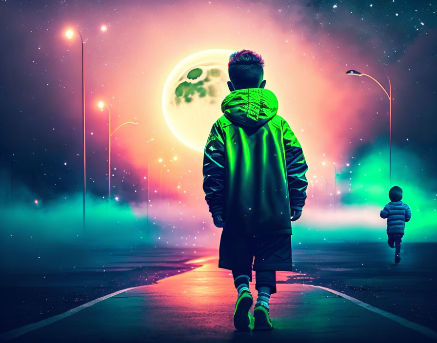 Child walking under large moon with colorful lights in sky and space-themed backpack