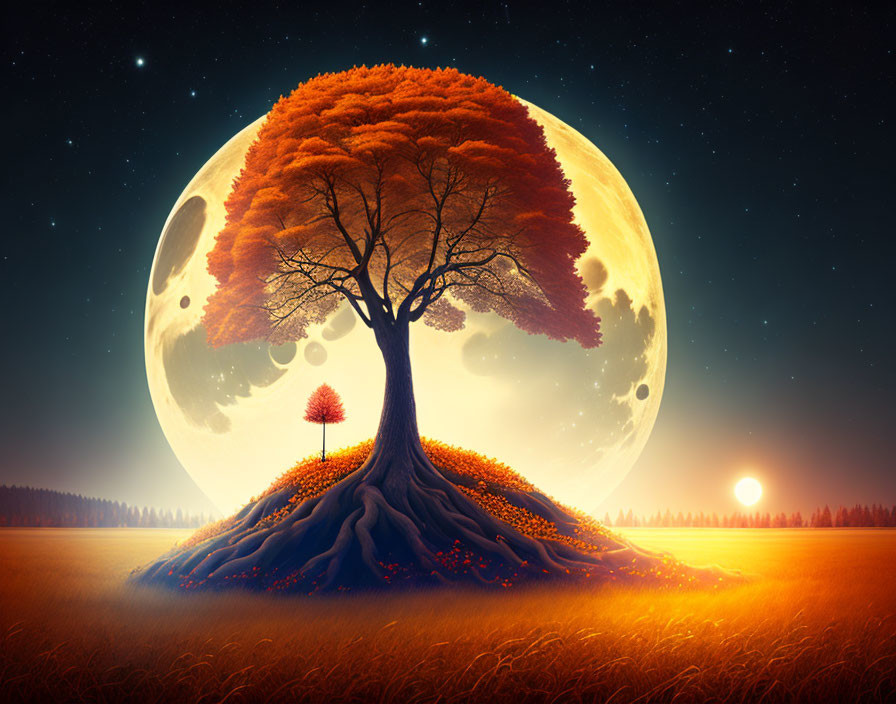 Digital artwork: Large autumn tree, colossal moon, starry sky, distant sunset horizon