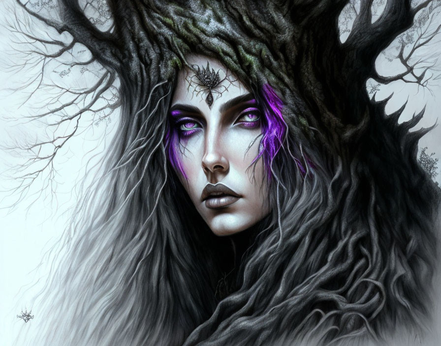 Fantasy artwork: Woman with tree branch hair & purple eyes in mystical forest