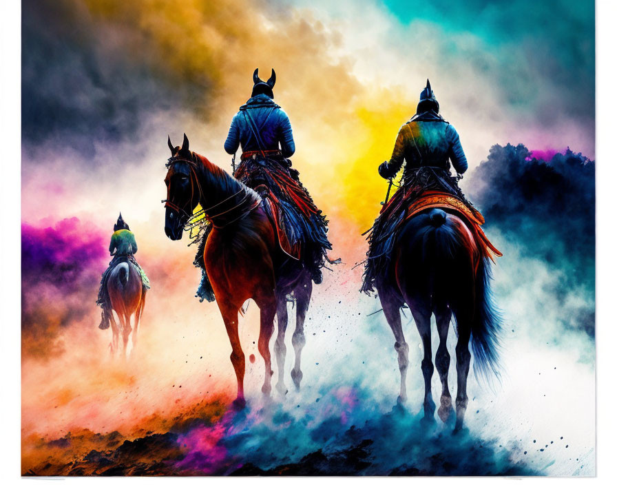 Three Horse Riders Galloping Through Colorful, Misty Clouds