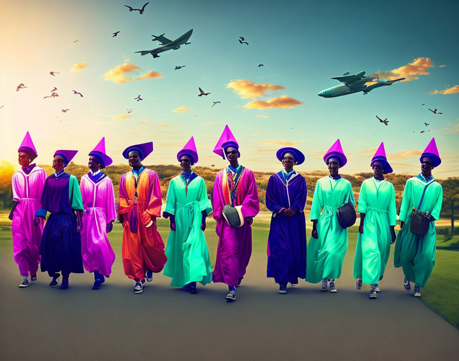 Graduates in Colorful Robes and Caps Walking on Runway at Sunset