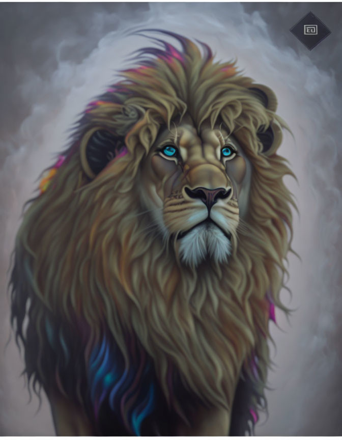 Majestic lion digital painting with rainbow hues and blue eyes