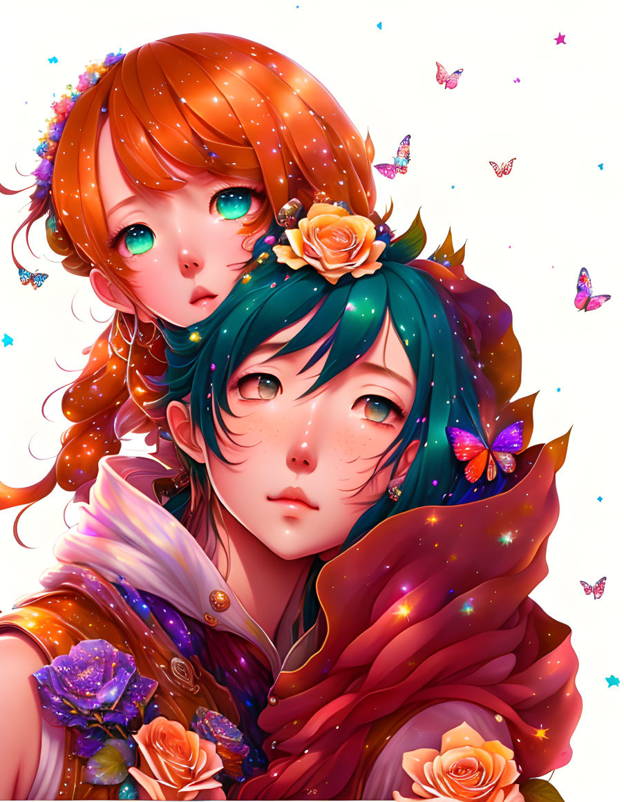 Illustrated characters with emerald and auburn hair surrounded by flowers and butterflies