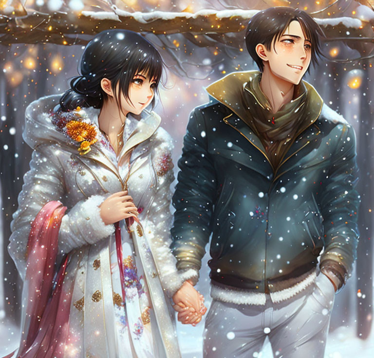 Two animated characters holding hands in snowy setting with floral winter clothing