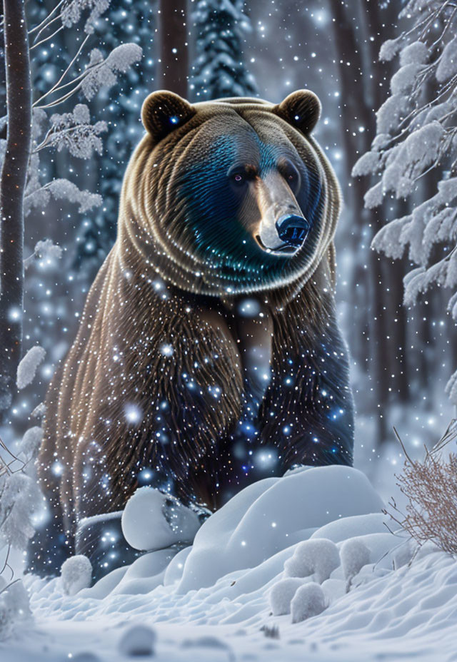 Brown bear in snowy forest with magical glow amid falling snowflakes