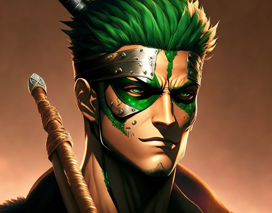 Digital artwork: Stern-faced character with green spiked hair, war paint, headband, holding staff weapon