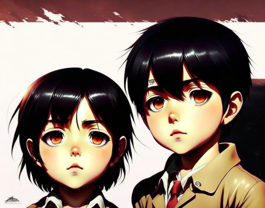 Anime characters with large eyes, one with bandaged forehead, in brown jackets on red background