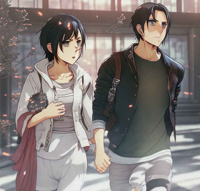 Man and woman animated characters walking hand in hand in city with sunlight and trees.