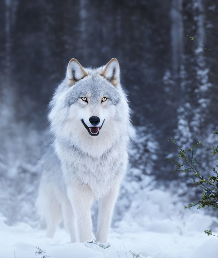 Grey wolf blending in snowy forest with piercing eyes