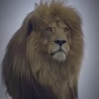 Majestic lion digital painting with rainbow hues and blue eyes