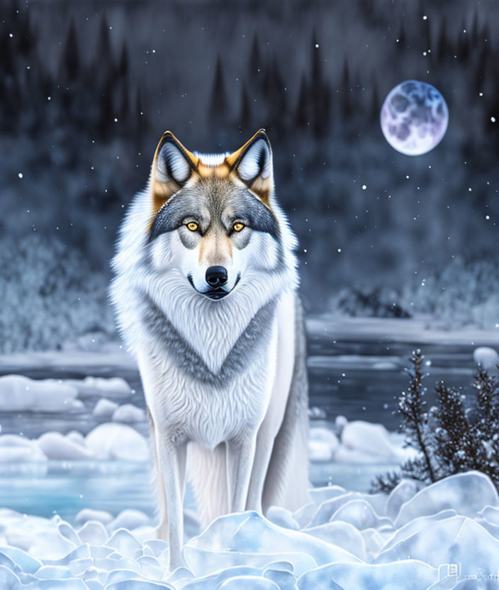 Grey Wolf in Snowy Night Landscape with Full Moon and Stars