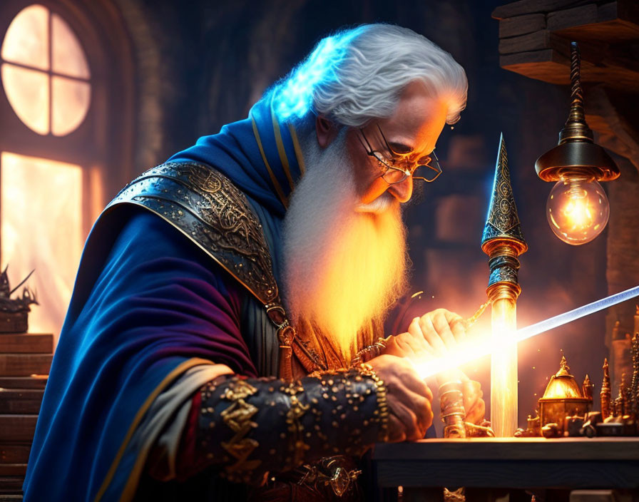 Elderly wizard crafting enchanted sword in mystical workshop