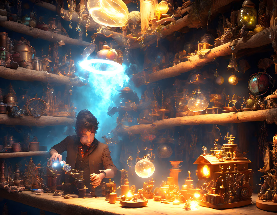 magician enchants build  objects in his workshop