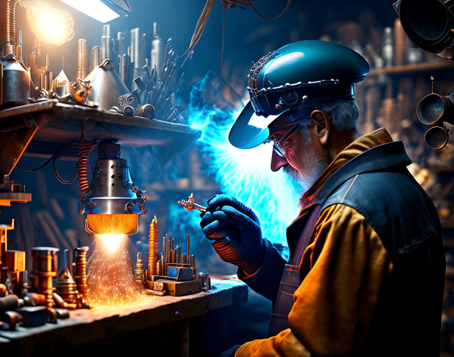 Elderly Welder in Protective Helmet Working with Blue Welding Sparks