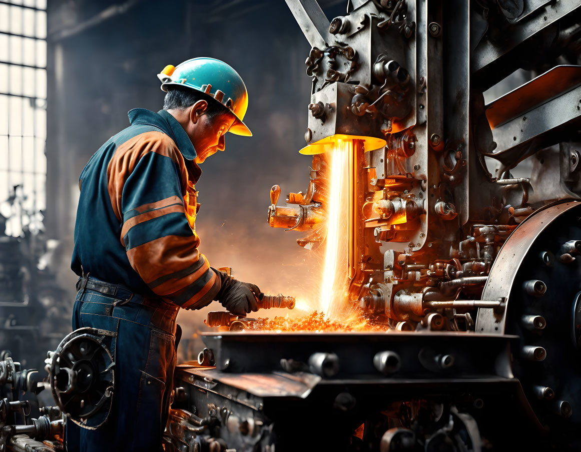 Worker in protective gear operating heavy machinery casting hot metal.