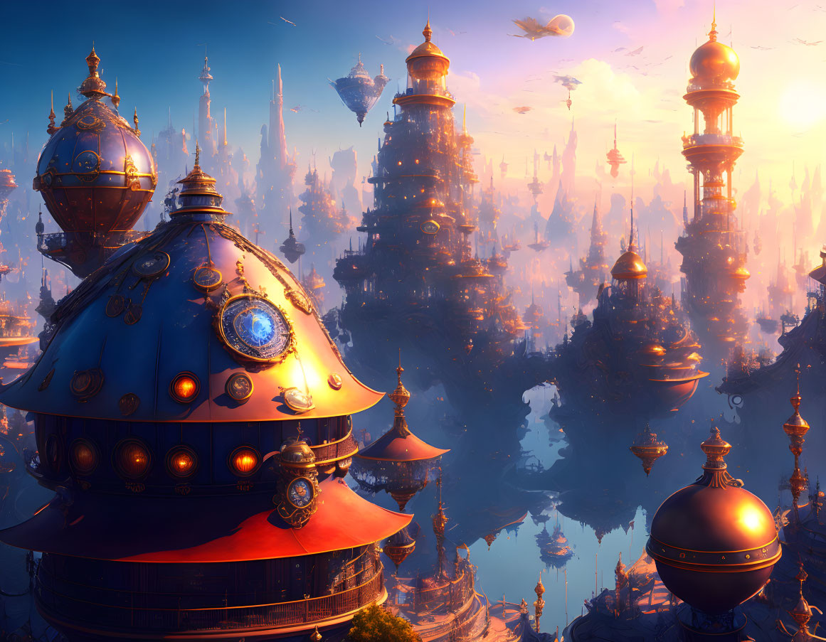 Golden-domed towers in a fantastical city at sunset