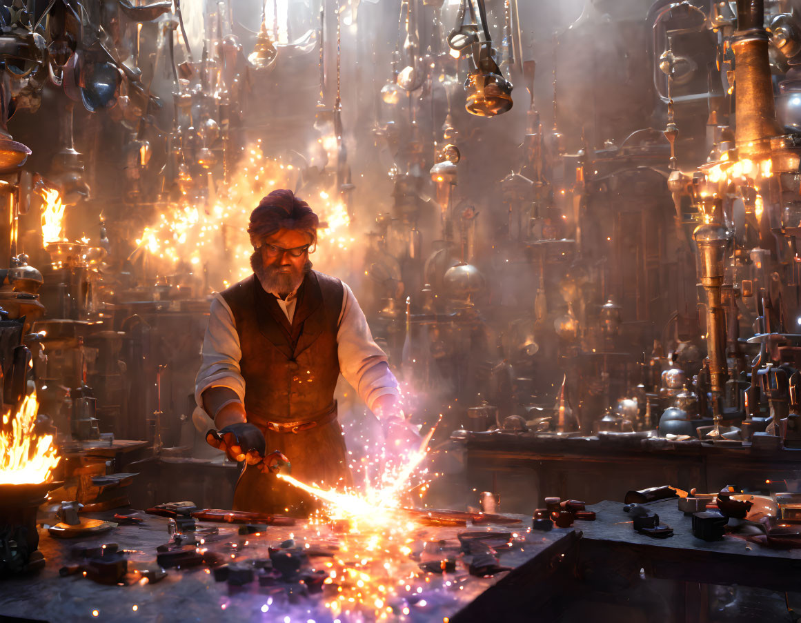 Bearded craftsman working at an anvil in fiery forge