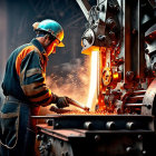 Worker in protective gear operating heavy machinery casting hot metal.