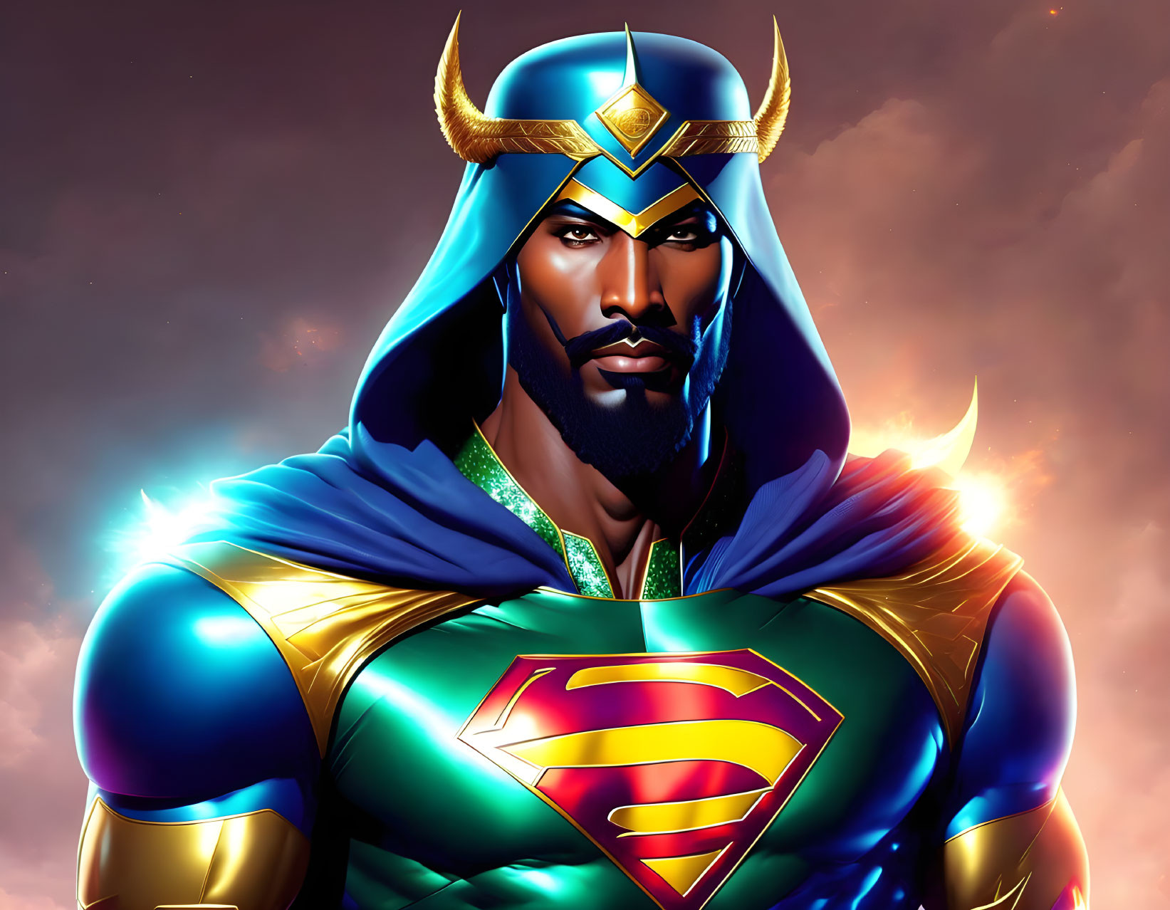 Muscular superhero in blue and gold costume with 'S' logo, cape, in cosmic scene