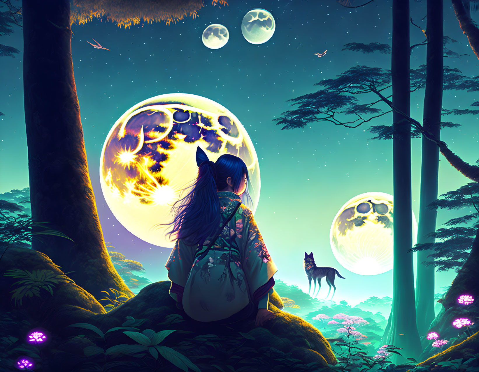 Person and fox under three moons in mystical forest with luminous flowers