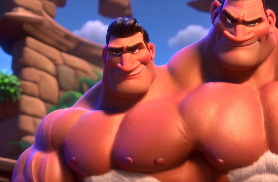 Muscular male animated characters with pronounced jawlines in warm lighting