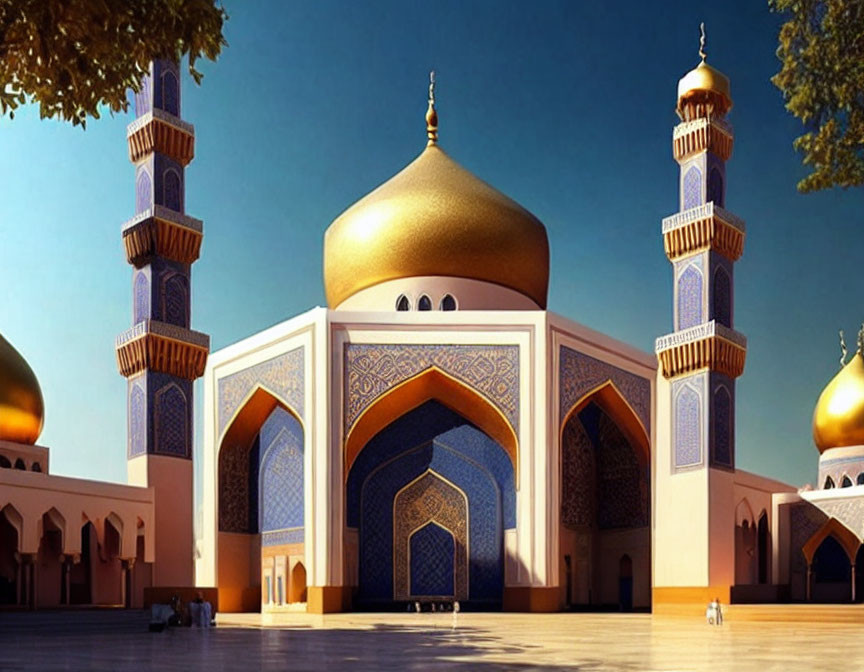 Golden-domed mosque with blue patterned minarets on clear sky