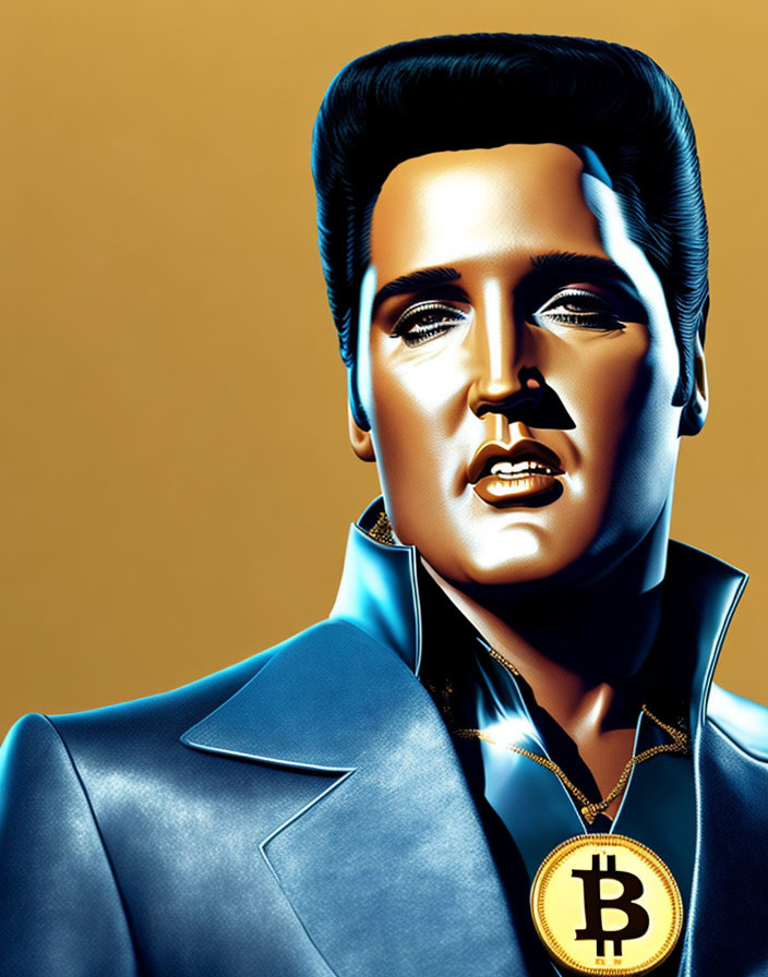 Person in Blue Suit with Bitcoin Necklace on Golden Background