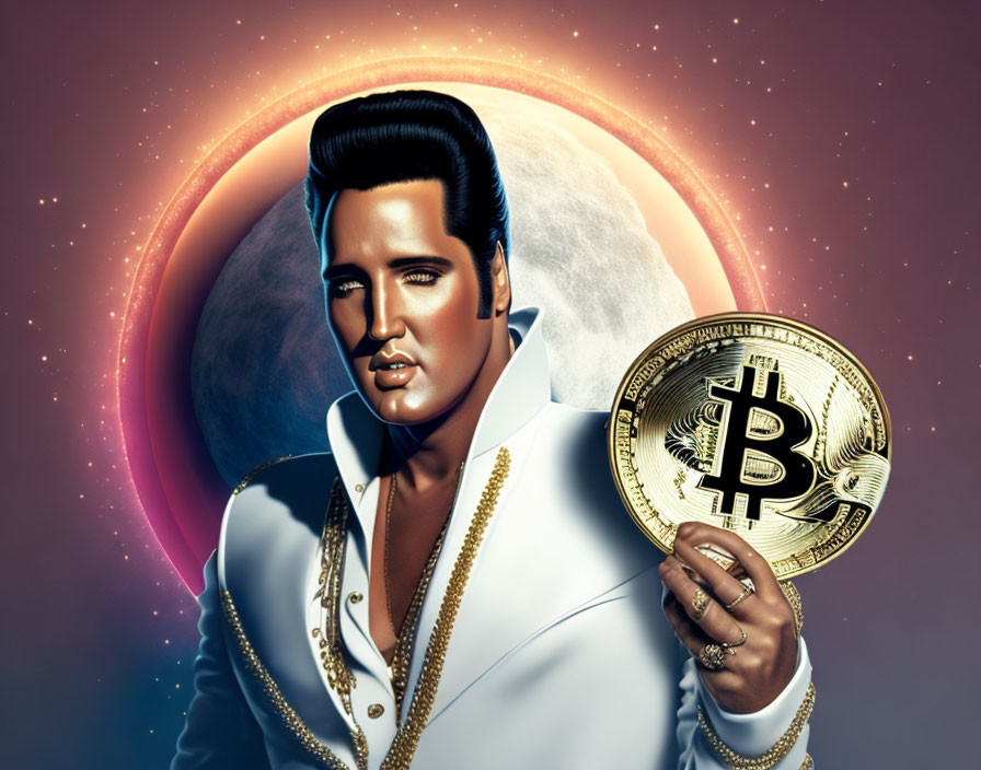 Man with Bitcoin in cosmic eclipse backdrop