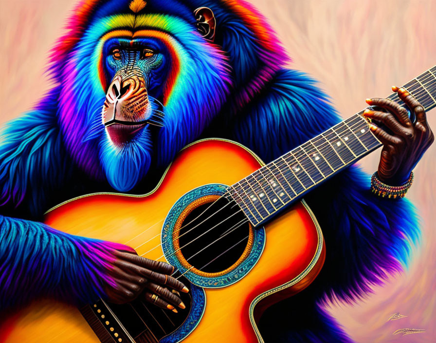 Colorful baboon playing acoustic guitar in vibrant blues, purples, oranges