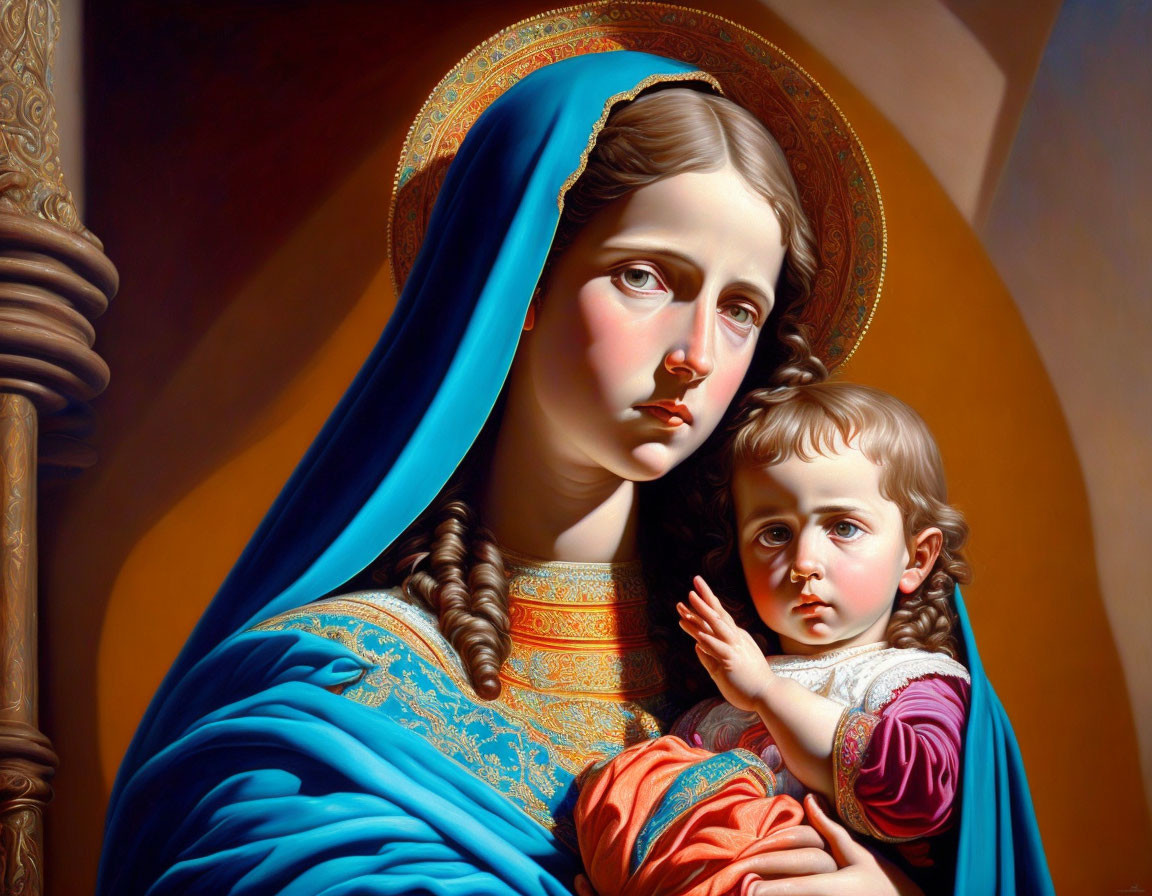 Religious-themed painting of woman with blue headscarf and child with halos