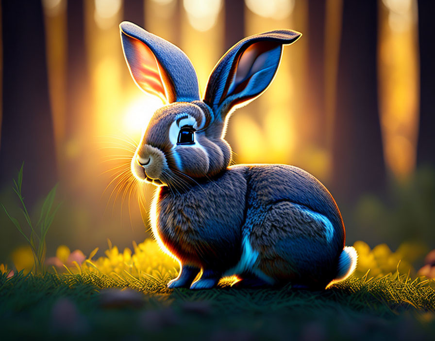 Stylized illustration of a rabbit with large ears in a sunlit forest