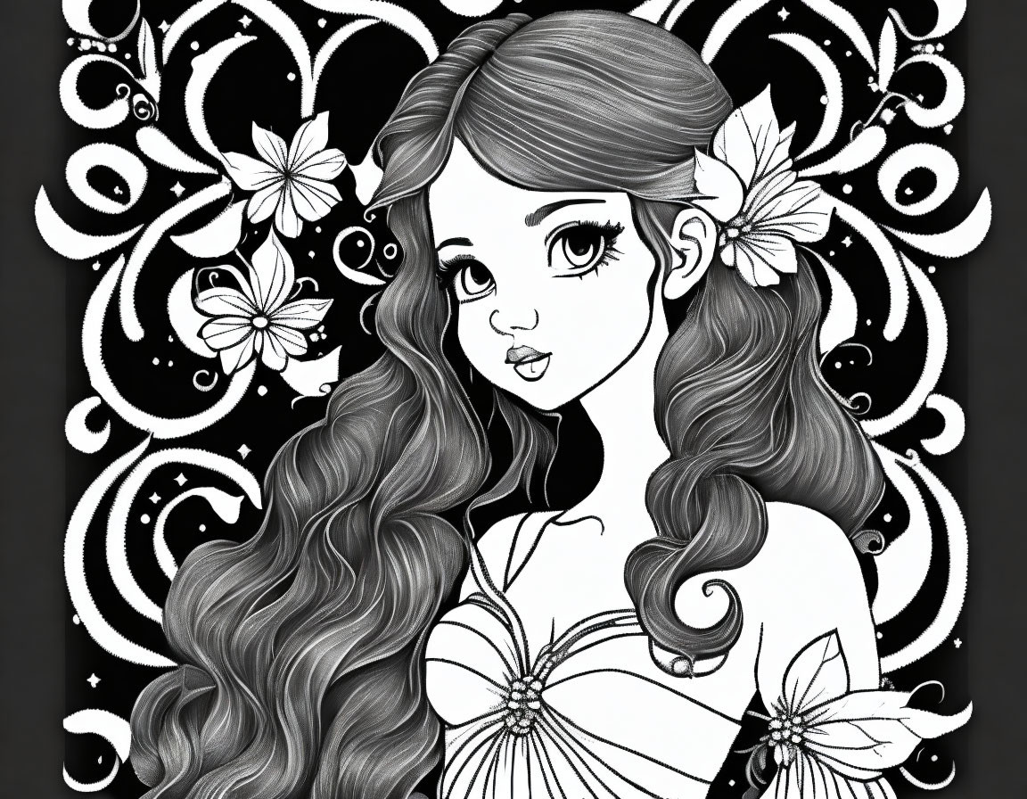 Monochromatic illustration of stylized woman with long, wavy hair and floral adornments