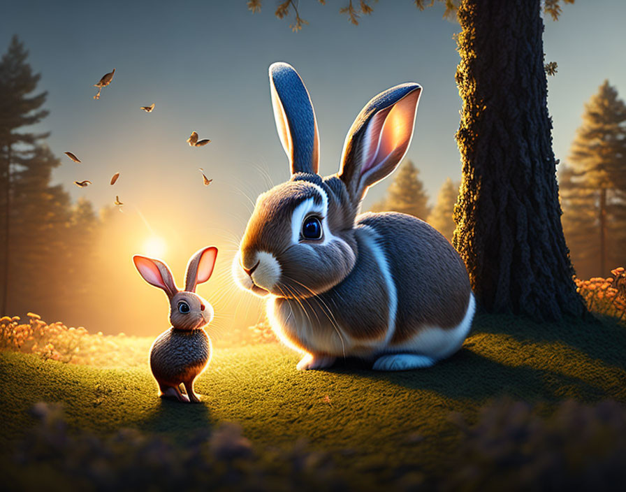 Two rabbits in a magical forest with luminous backdrop, grassy ground, and flying birds