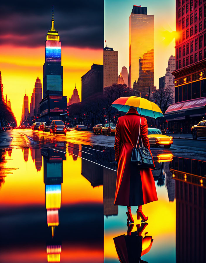 Cityscape at sunset with person and colorful umbrella reflected on wet street