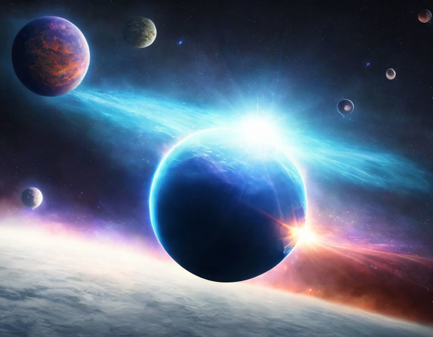 Colorful Space Scene with Star, Planets, and Cosmic Dust