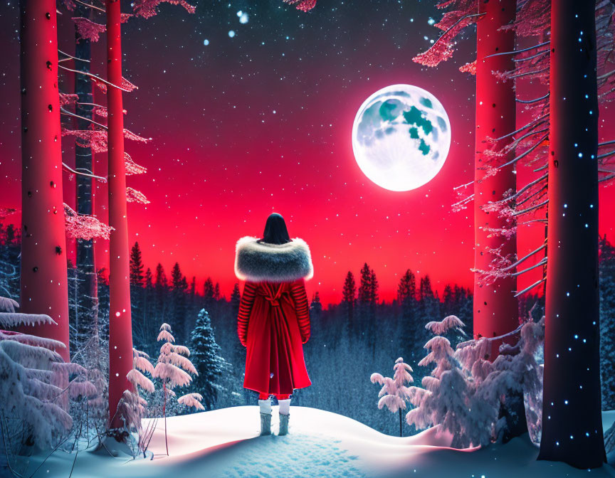 Person in Red Coat Contemplates Moon in Snowy Forest