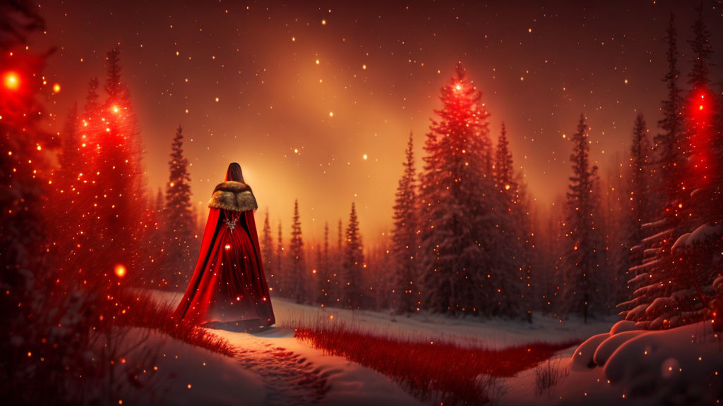 Person in red cloak walking in snowy forest with illuminated trees