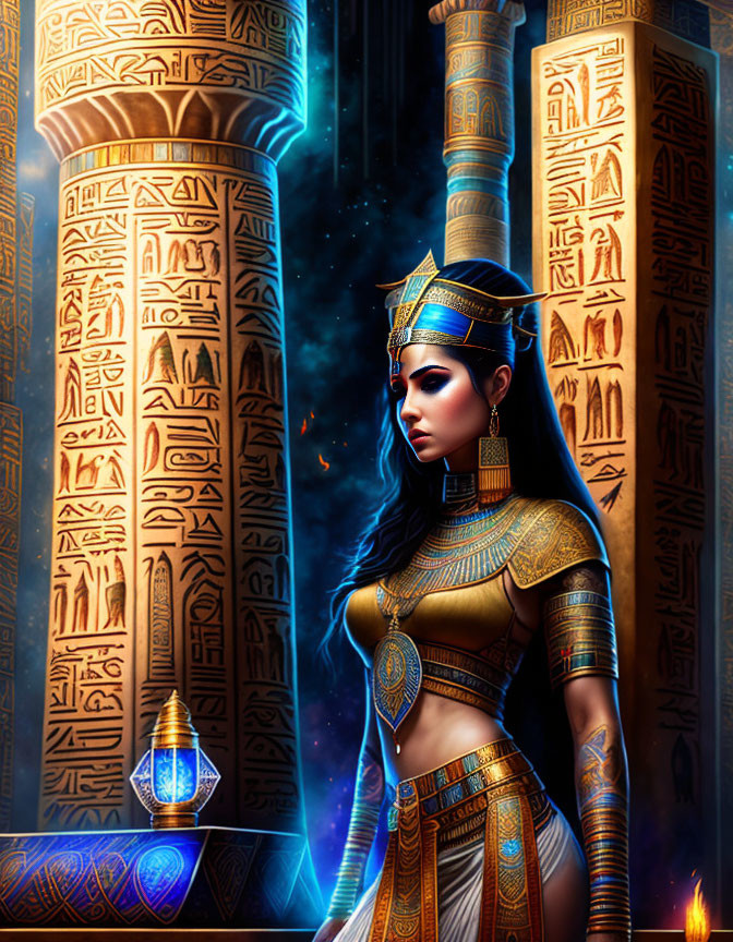 Digital artwork: Woman as Egyptian queen with hieroglyph pillars