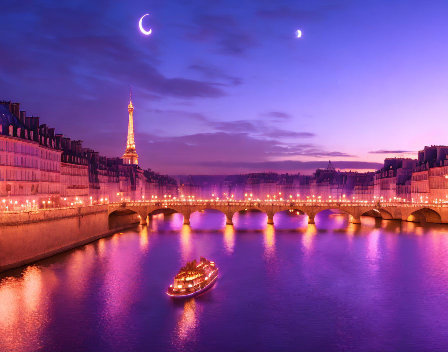 Cityscape at Twilight: River, Boat, Bridges, Moon, Tower