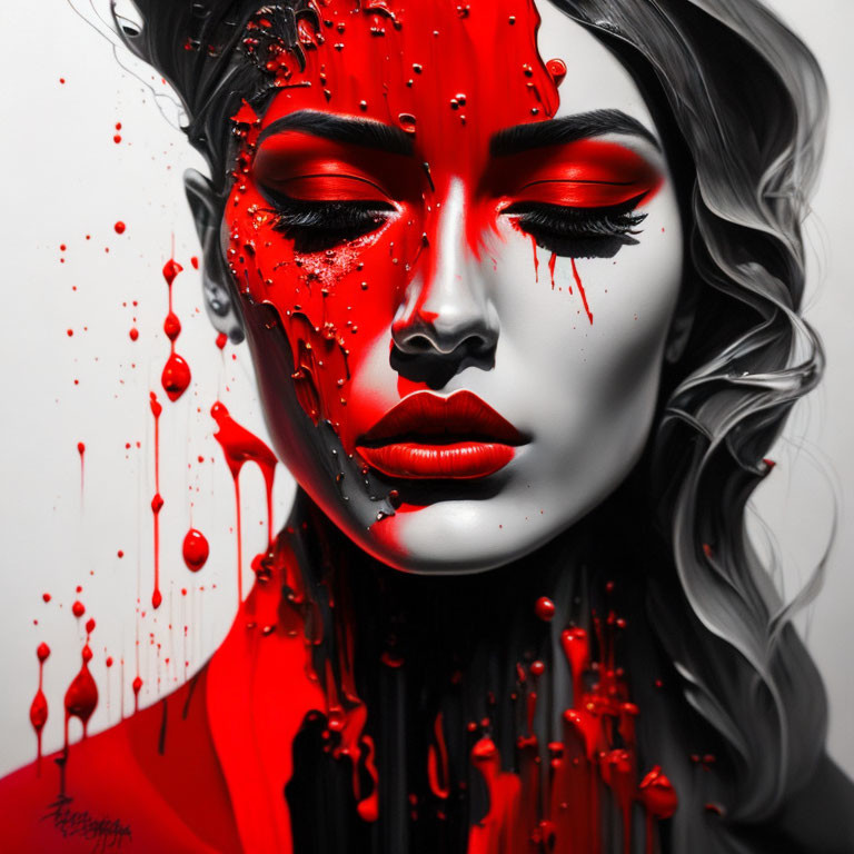 Striking red and monochrome portrait with dynamic paint splashes