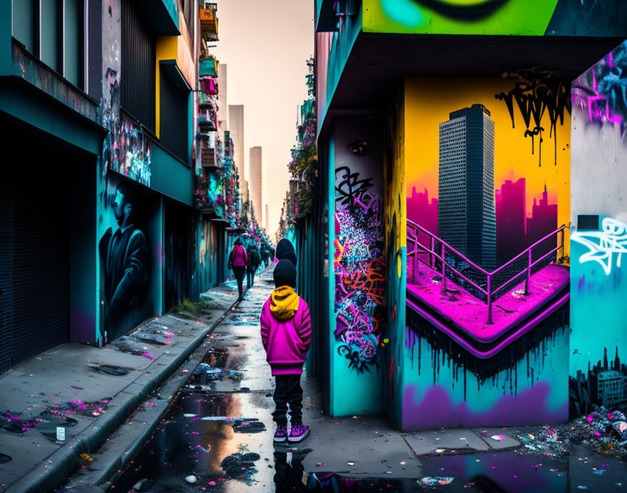 Colorful urban street art with person in yellow hoodie in graffiti-covered alleyway