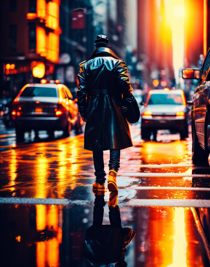 Person in trench coat and hat on wet city street at sunset with reflections and city lights.