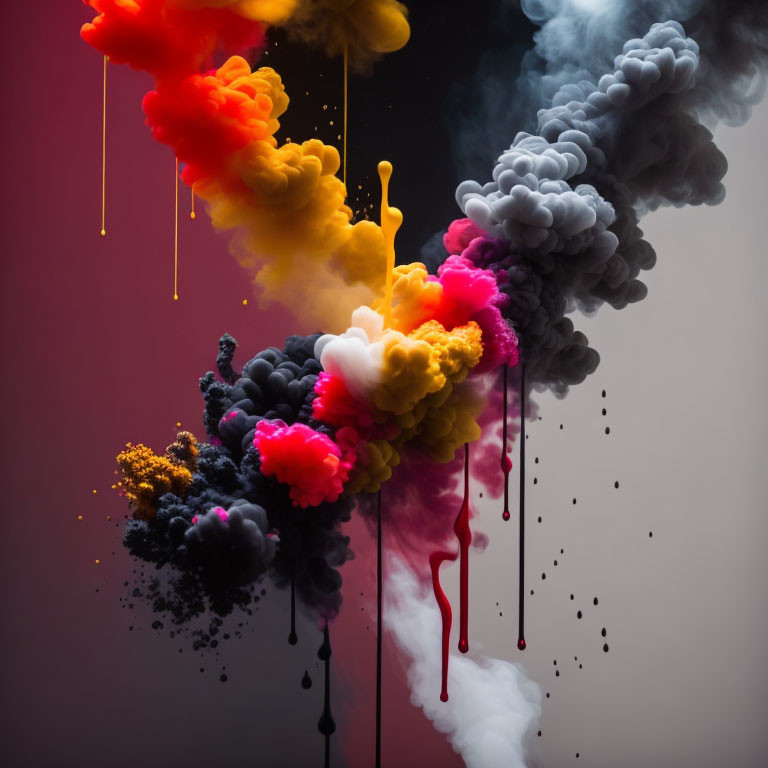 Colorful Smoke Plumes with Paint Drips on Dusky Background