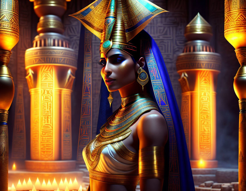 Digital artwork of a woman as an ancient Egyptian queen in a candlelit temple