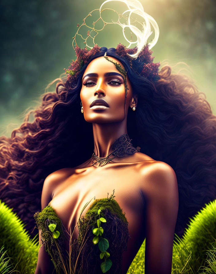 Digital artwork of woman with mystical aura and nature-inspired headdress against green background