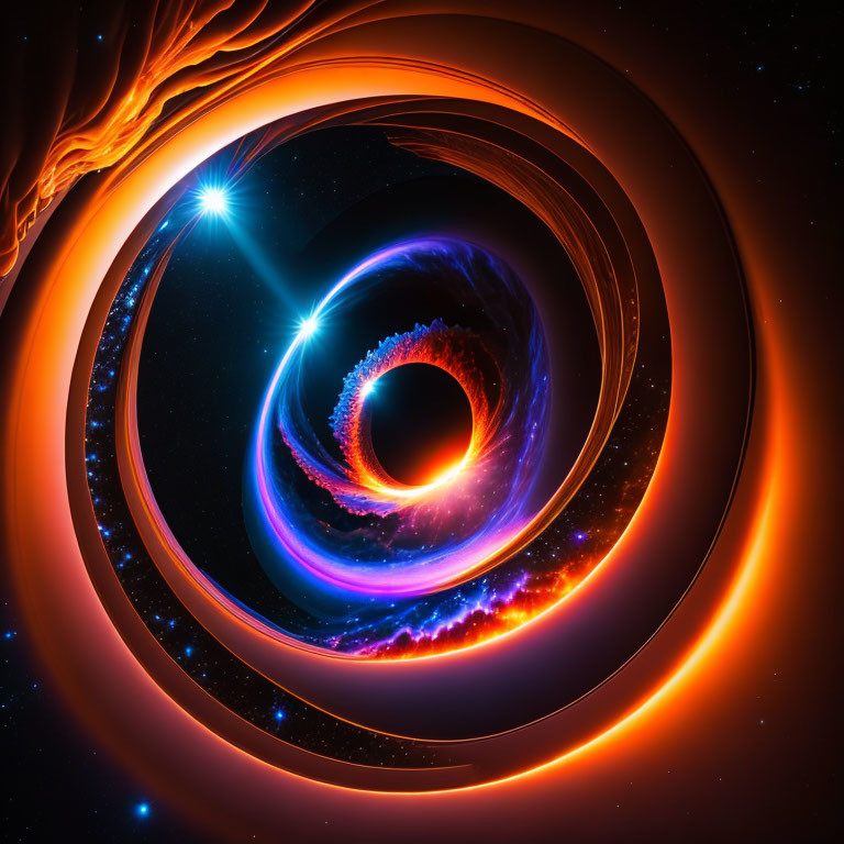 Abstract cosmic digital artwork with swirling orange and blue patterns and a white star.