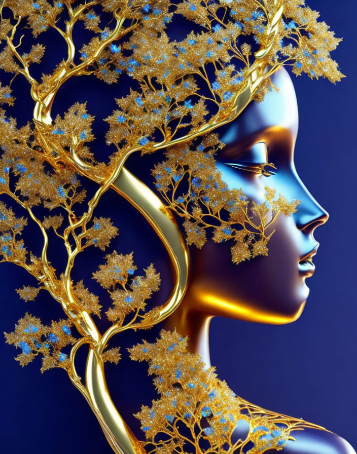 Surreal portrait with golden branches and leaves on deep blue backdrop