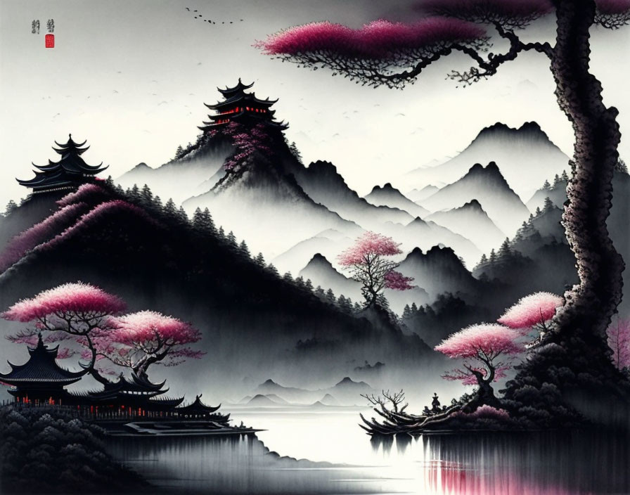 Asian Landscape Painting: Misty Mountains, Cherry Blossoms, Pagodas, Calm Lake