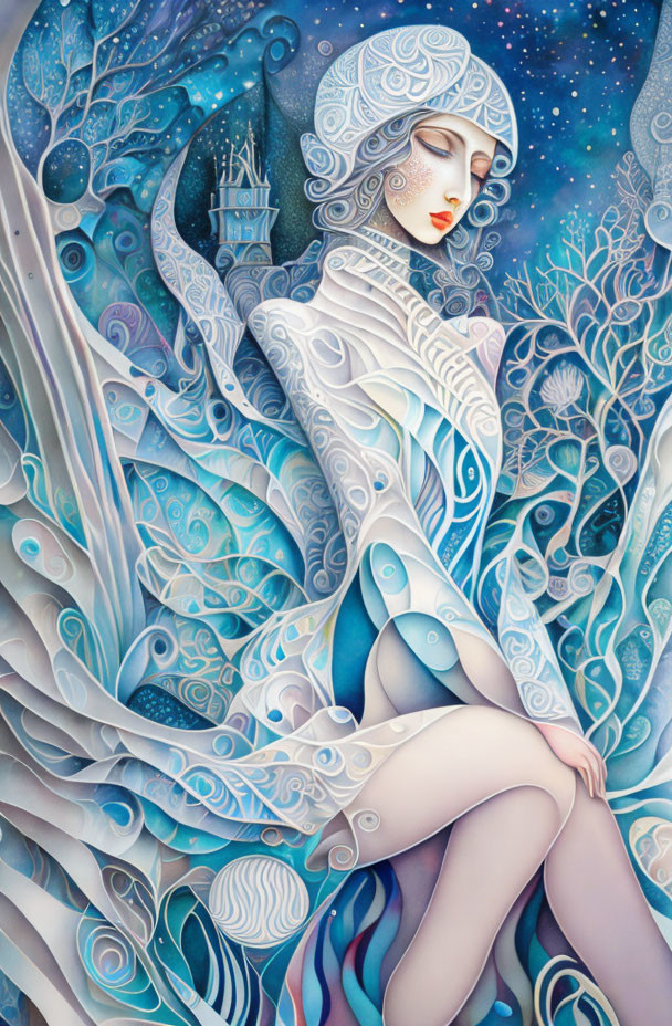 Ethereal female figure surrounded by celestial and organic patterns