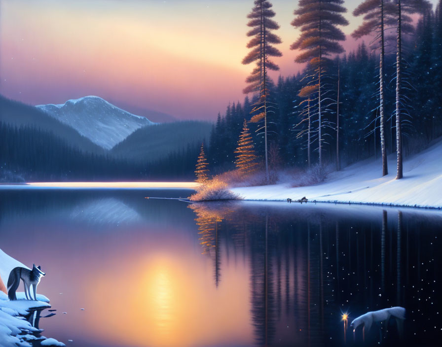 Winter twilight scene: foxes near serene lake, pink and blue sky, snow-covered trees.